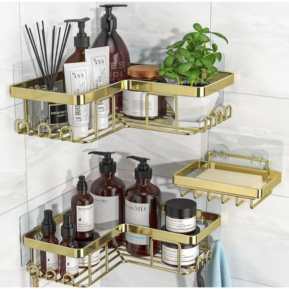 Gold Corner Shower Caddy Shelf Set Adhesive Rustproof Wall-Mounted 3-Tier Organi - Picture 1 of 8